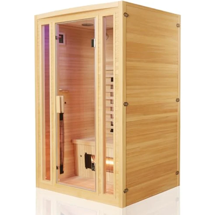 TroniTechnik Infrarotkabine MANILA 120 Wärmekabine, bis zu 2 Personen, 5 Vollspektrumstrahler, mit Farblichttherapie, Ionisator mit Ozondesinfektion und Aromatherapie, Multimedia, USB-Anschluss & Bluetooth, Hemlock-Holz – Bild 3