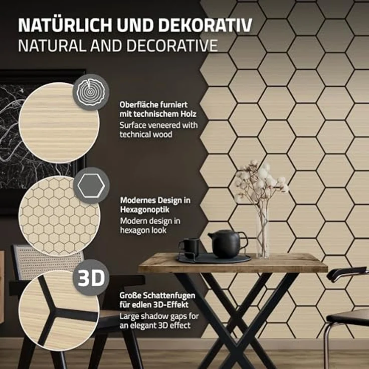 ML DESIGN 2er Set Akustikpaneele 66x81x2cm, Hexagon-Holzoptik in Eiche, MDF-Schallabsorber mit hervorragender Geräuschdämmung für Büro und Studio – Bild 3