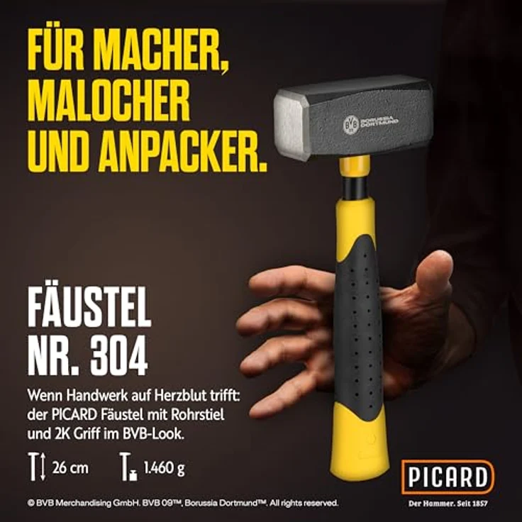 PICARD Hammer Fäustel RS 304, 1.250g, ergonomischer 2K Griff im BVB-Look, korrosionsgeschützter Kopf – Bild 2