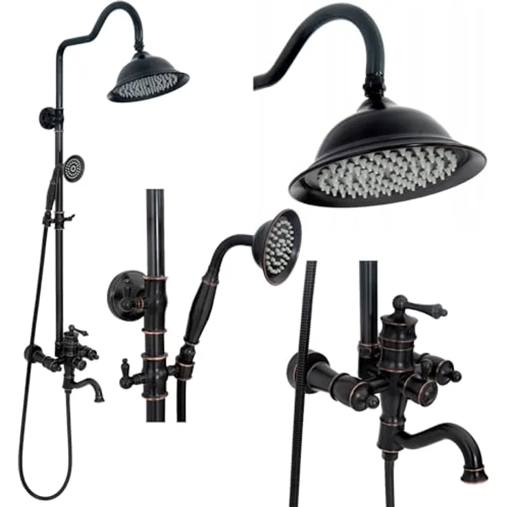 Rea Duschsystem Vintage black, Duschset mit 20 x 20 cm Regendusche, Duscharmatur und 150 cm Schlauch, schwarz