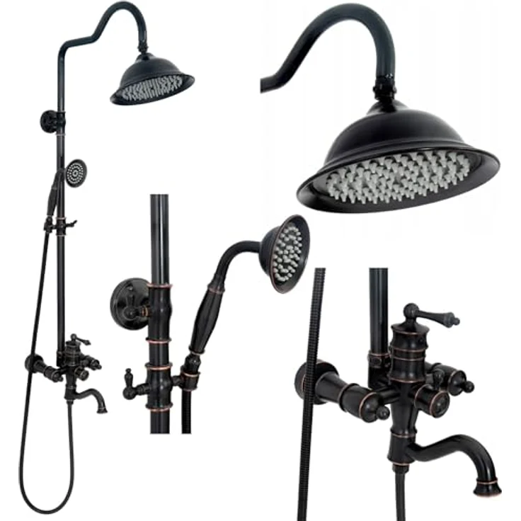 Rea Duschsystem Vintage black, Duschset mit 20 x 20 cm Regendusche, Duscharmatur und 150 cm Schlauch, schwarz – Bild 1