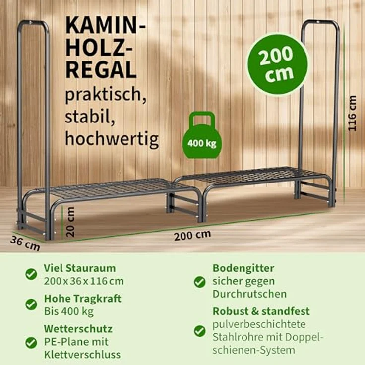 TTL GARDEN Kaminholzregal M, 200x36x116cm schwarz mit wetterfester Abdeckung, Metall Stahlrohrrahmen, für innen und außen, bis 400kg Holz, Gitterboden, rostfrei – Bild 2