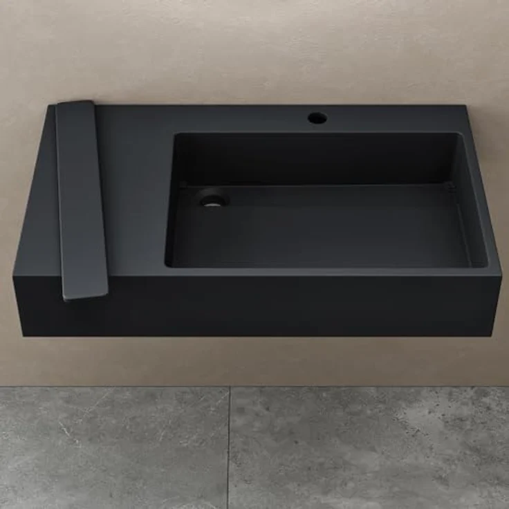 doporro Design Waschbecken 75x43x14 cm mit verstecktem Ablauf Colossum12-Rechts in matt Anthrazit aus Mineralguss, Hängewaschbecken und Aufsatzwaschbecken, Eckig, DIN Anschlüsse, Ablaufabdeckung entfernbar – Bild 5