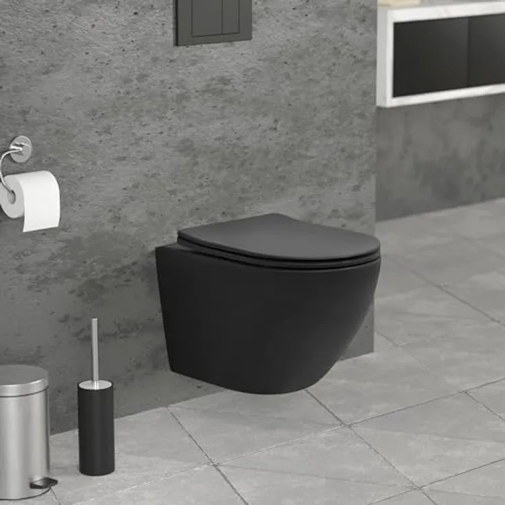 LuxeBath Wand WC Spülrandlos Schwarz matt kurz 49cm, Tornadospülung, Tiefspüler Hänge WC, Softclose-Klodeckel abnehmbar, mit Absenkautomatik