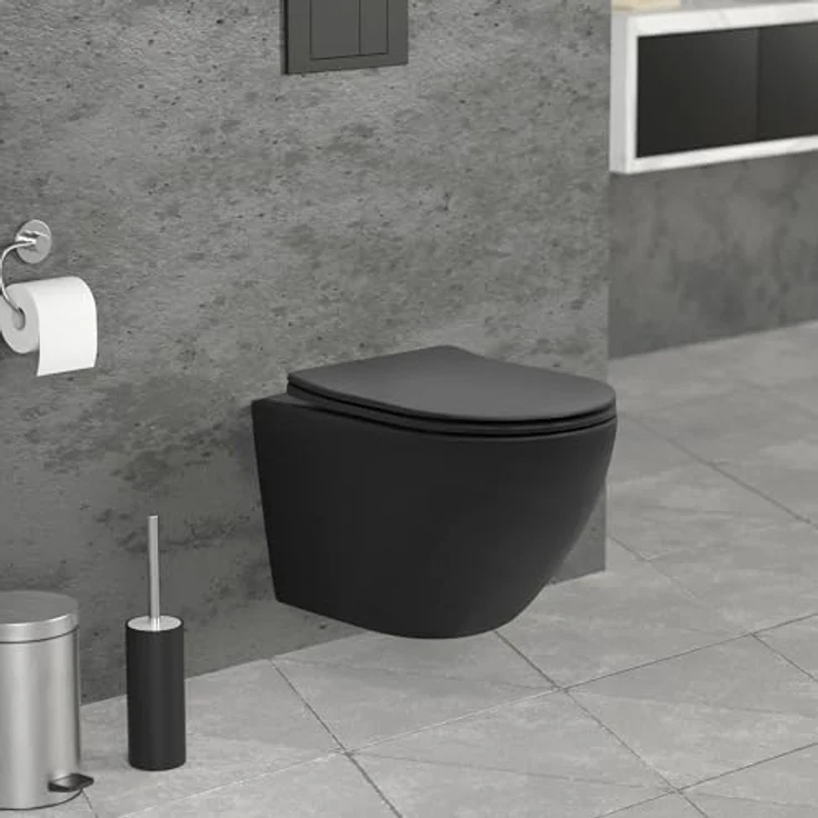 LuxeBath Wand WC Spülrandlos Schwarz matt, Tiefspüler Tornadospülung Keramik Hänge WC kurz 49cm, Toilette ohne Spülrand mit Nano Beschichtung, Kloschüssel Hängend mit WC-Sitz Absenkautomatik abnehmbar – Bild 1