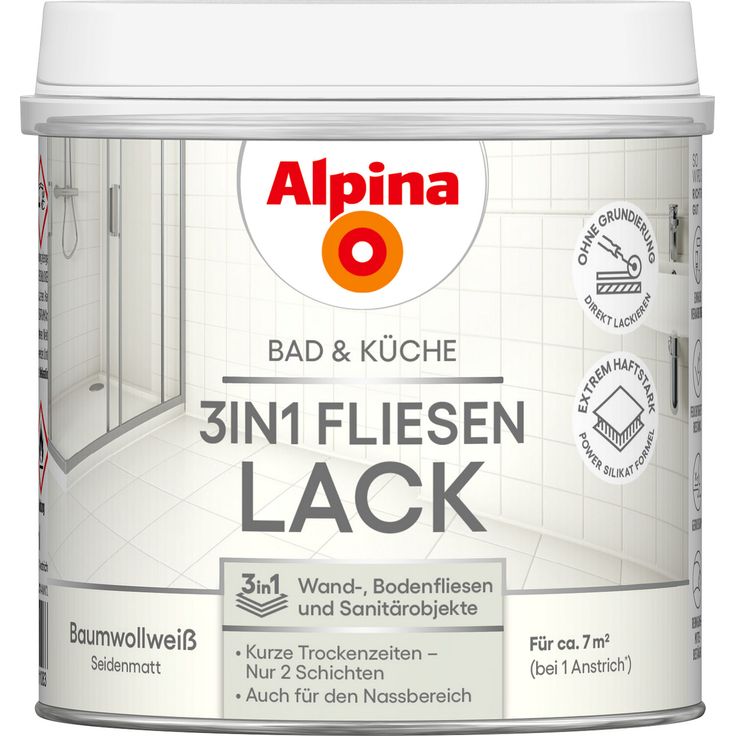 Alpina 3in1 Fliesenlack, weiß, für Nassbereiche geeignet, 500 ml, seidenmatte Oberfläche, ohne Grundierung