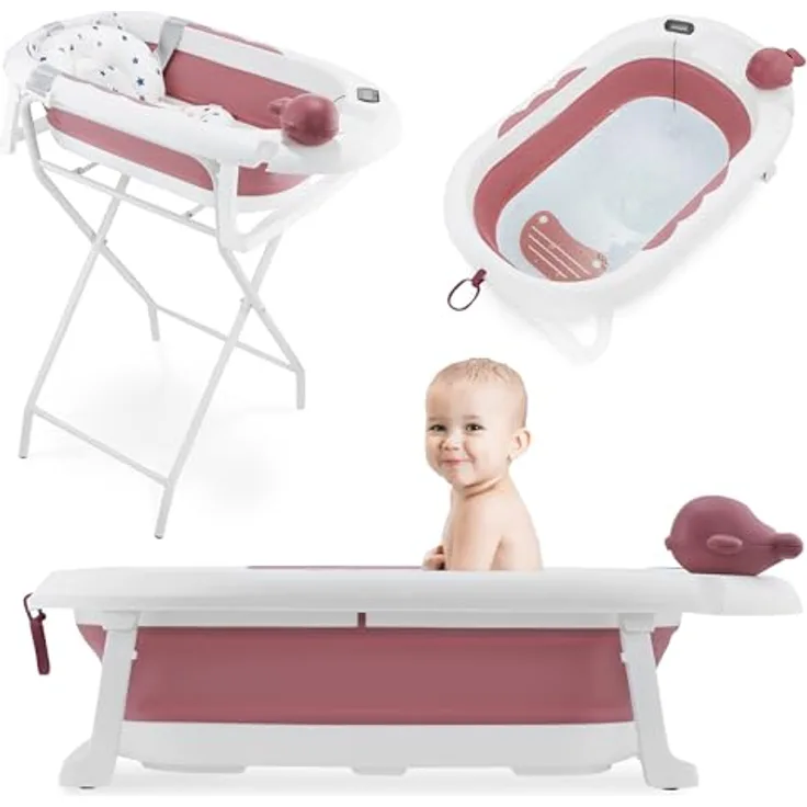 Moby-System Faltbare Babybadewanne mit LCD-Thermometer, ergonomischem Standfuß und Halterung - Altrosa