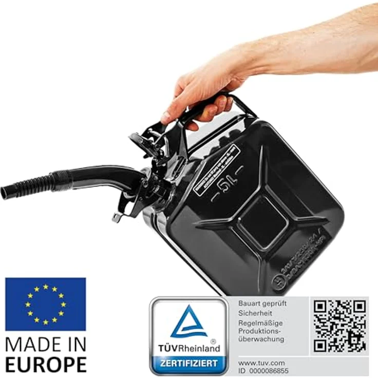 BW® Kraftstoffkanister Metall Benzinkanister 5 Liter mit Ausgießer, schwarz - TÜV-geprüft, UN-zugelassen, Made in Europe – Bild 2