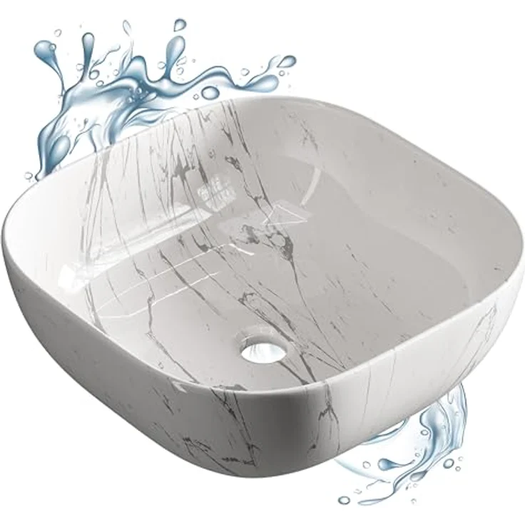 Planetmöbel Aufsatzwaschbecken Aquil, Keramik Waschbecken 42 cm, marmor weiß, quadratisch, ohne Hahnloch und Überlauf – Bild 6