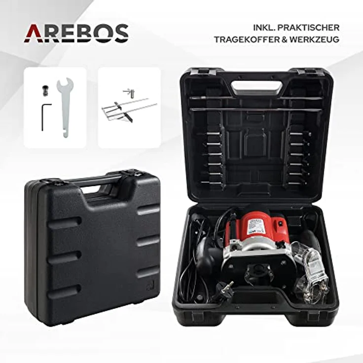 AREBOS Oberfräse 1200 Watt und 12 Fräser im Koffer - Holz Fräse Fräsmaschine Hand Kanten Fräser - rot – Bild 6