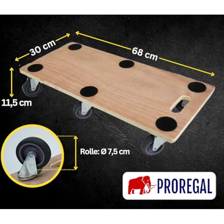 PROREGAL Profi Transportroller, 6er Set mit 6 Rollen, Traglast 300 kg, Sperrholzplatte, braun, HxBxT 11 x 30 x 68 cm – Bild 6