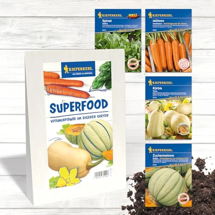 Kiepenkerl Gemüsesamen-Set 'Superfood, Vitaminpower im eigenen Garten', inklusive Spinat Helios, Butternut-Kürbis Tiana F1, Zuckermelone Stellio F1 und Möhre Nominator F1, nährstoffreich und aromatisch – Bild 1
