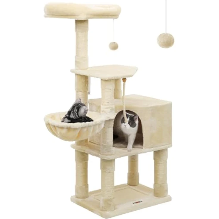 Feandrea Kratzbaum groß, 138 cm hoch, Katzenbaum mit Kratzbrett und 9 Kratzsäulen, Plattform, Höhle, Plüschball, mehrstufig, beige – Bild 1