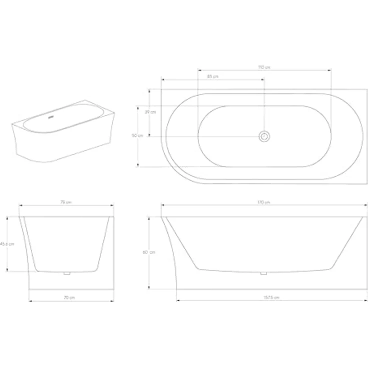 Bernstein NOVA Freistehende Badewanne, Acryl Weiß Glänzend 170x80x60 cm, doppeltwandig mit mittigem Ablauf und Pop-up-Funktion – Bild 6