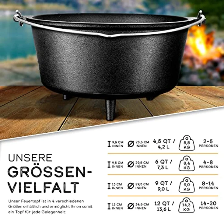 grillas Dutch Oven Set 4,2 Liter - Topf mit Füße Deckelheber BBQ Gusseisen Feuertopf Gusstopf Schmortopf – Bild 2