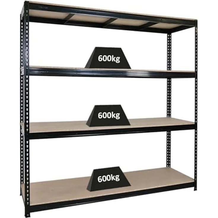 Proregal Schwerlastregal BISON, Traglast 600 kg pro Boden, 4 Fachböden, 200 x 200 x 60 cm, schwarz