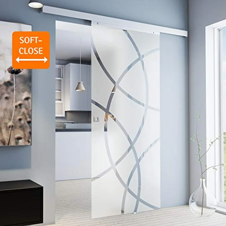 inova Glas-Schiebetür Komplettset 755 x 2035 mm Kreis Design 8 mm ESG Alu Lauf-schiene mit Quadratgriff + einseitiger Softclose, inova - Moderne Glastür aus 8 mm Echtglas, rahmenlos, mit hochwertigen Aluminium-Beschlägen - Preisvergleich – Bild 2