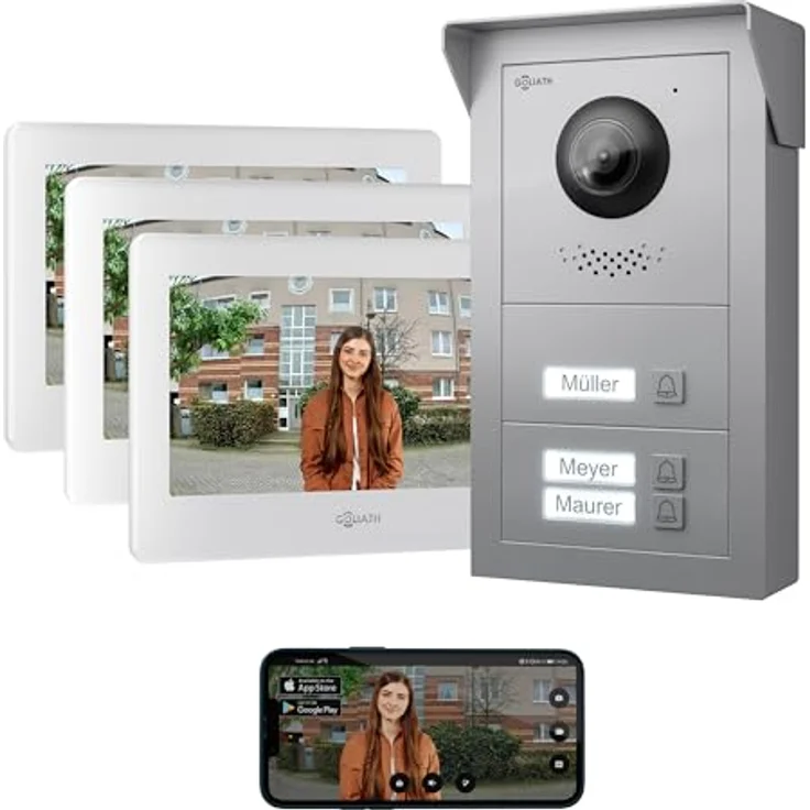 Goliath Intercom Video-Türsprechanlage Basic-Line, 7-Zoll Monitor Weiß/Schwarz, 2-Draht mit HD Kamera für 3-Familienhaus, App-fähig – Bild 1