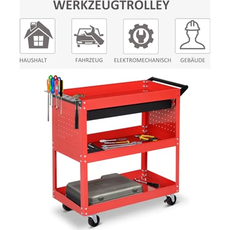HOMCOM Werkzeugwagen Werkstatt-Rollwagen, 3 Ebenen, max. Traglast 60 kg, schwarz-rot, 82 x 35 x 76 cm – Bild 6
