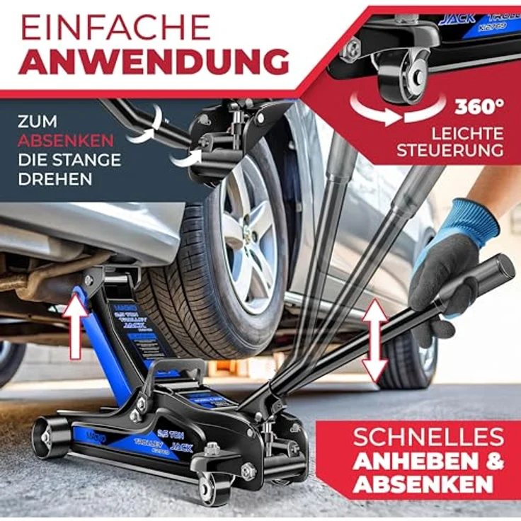 Masko Wagenheber hydraulisch Flache Hubhöhe + 2x Gummiauflage + Handschuhe KFZ Rangierwagenheber hydraulischer 360° Rollen Heber Unterstellbock, 2,5 Tonnen, Schwarz – Bild 6