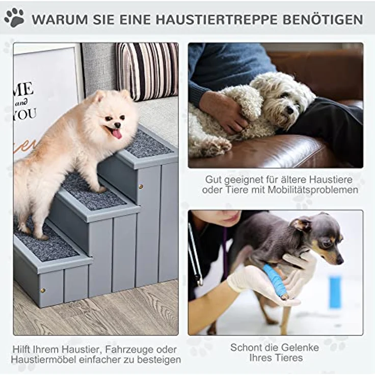 PawHut Haustiertreppe Hundetreppe 3 Stufen Einstiegshilfe mit Teppich Stauraum für Katzen und Hunde Tannenholz Grau 40,5 x 44,5 x 38 cm – Bild 4