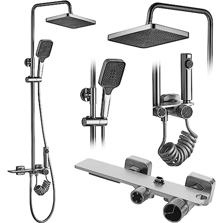 Rea Duschsystem HELIX Nickel Brush INOX, Duschset mit 20 x 30 cm Regendusche, Duscharmatur und Messing Kopfbrause, gebürstetes Stahl – Bild 1
