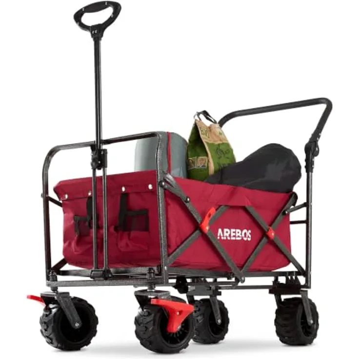 Arebos Bollerwagen faltbar, Transportkarre mit 2 Netztaschen, Vorderrad-Bremsen & Teleskopstange, bis 100 kg Tragkraft, rot