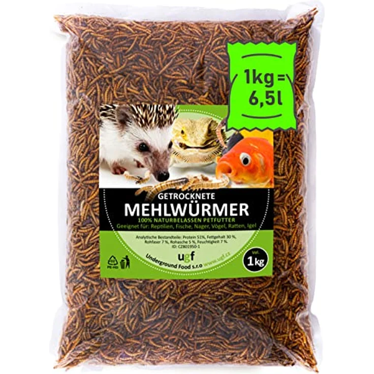 UGF Premium Mehlwürmer getrocknet 1 Kg, Insekten Snacks für Vögel, Hamster, Igel, Eidechsen, Schildkröten – 51% Protein, 100% natürlich ohne Konservierungsstoffe und Farbstoffe – Bild 1