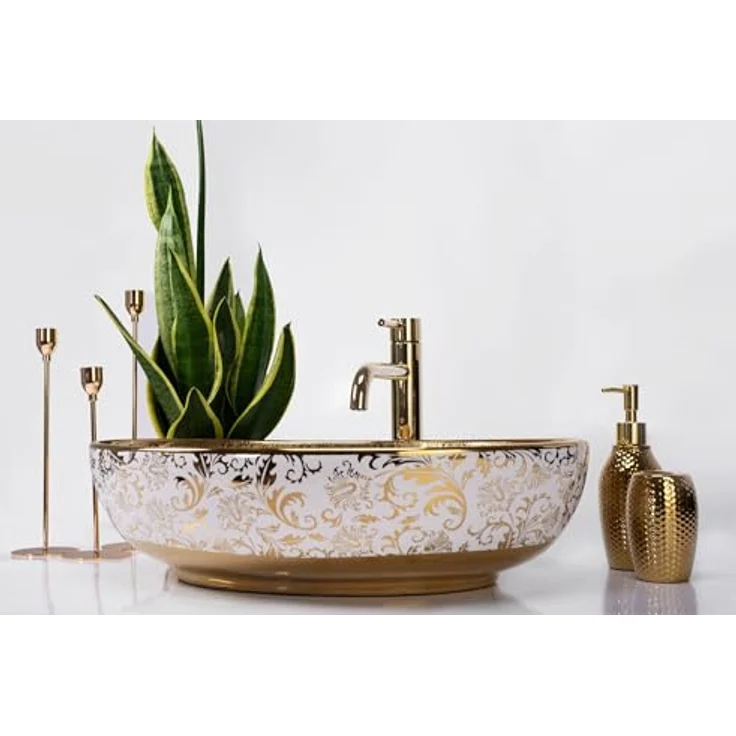 Rea Aufsatzwaschbecken MARGOT WHITE/GOLD Waschtisch Handwaschbecken Waschschale Waschbecken für Badezimmer aus hochwertiger Keramik 40 x 52 x 13,5 cm (Weiß) – Bild 5