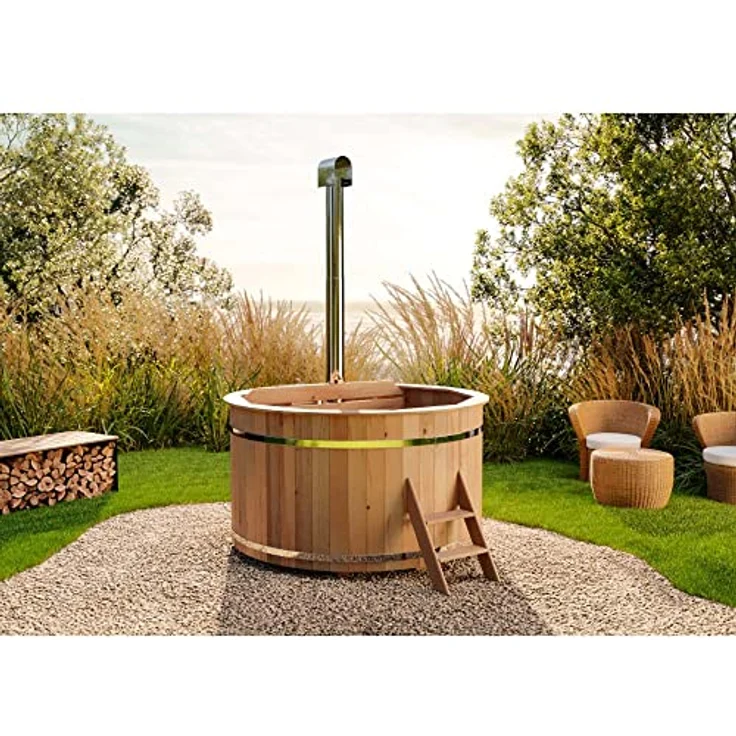 Finntherm Holz Badefass Bergen, Hot Tub Ø 200 x 101 cm, inkl. Edelstahl-Ofen 22 kW und Einstiegsleiter, 6-8 Personen, Schwimmbecken, Badebottich – Bild 2