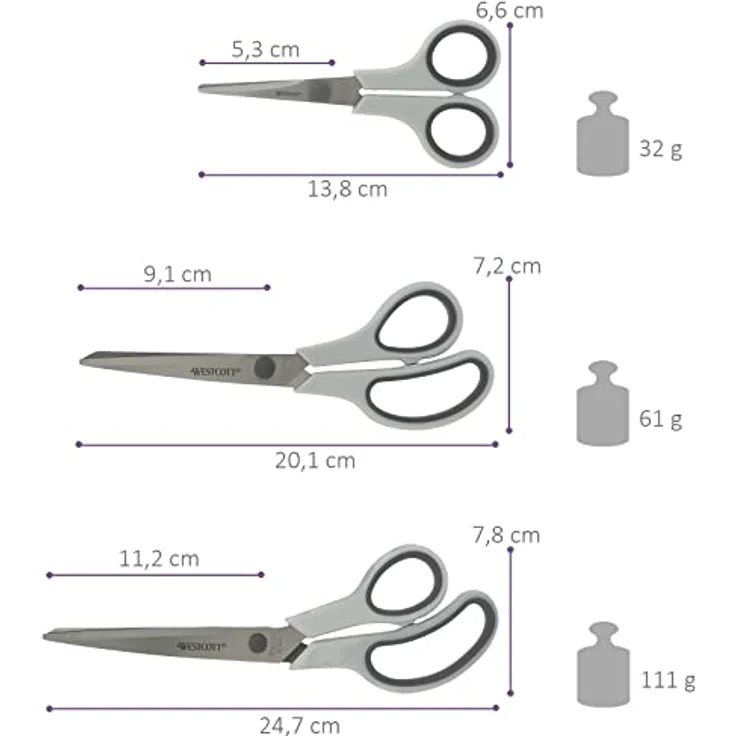 Westcott Easy Grip Scheren 3er Set, Universalscheren mit Komfort-Griff und extrascharfen Edelstahlklingen für Basteln, Haushalt, Schule & Büro, N-90030 00 – Bild 2