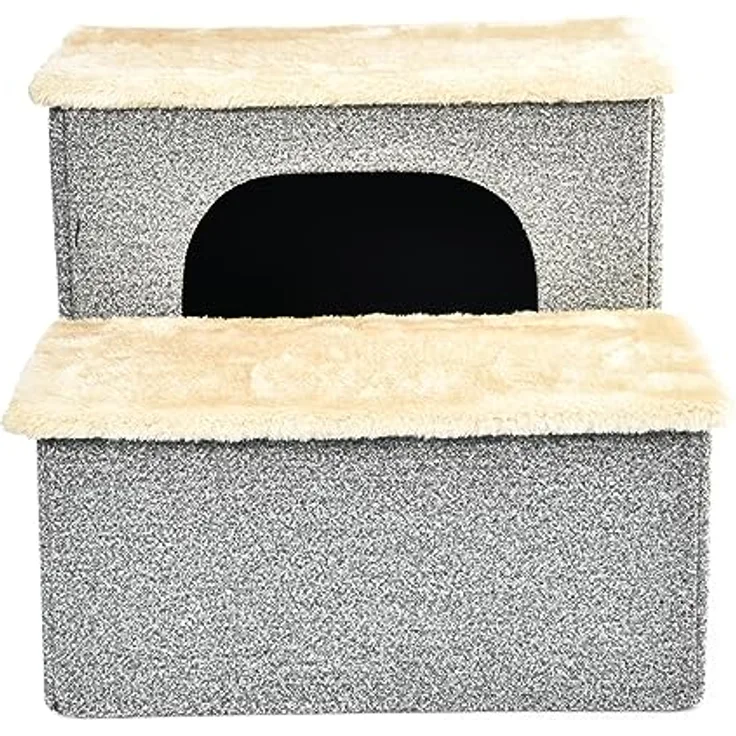 Dehner Lieblinge Haustiertreppe Sussex, faltbar, ca. 43 x 33 x 35.5 cm, 2 in 1 mit plüschiger Höhle für Katzen und kleine Hunde, grau/creme