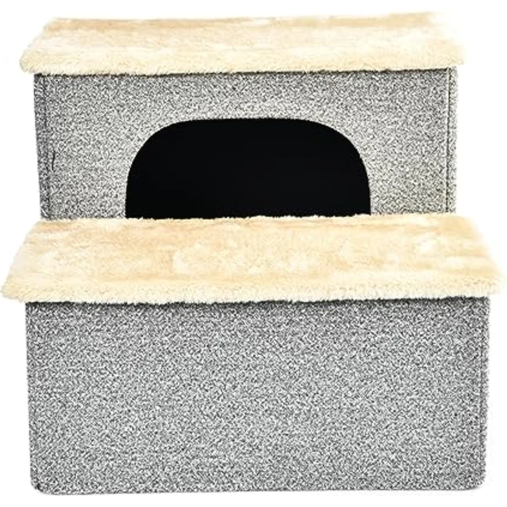 Dehner Lieblinge Haustiertreppe Sussex, faltbar, ca. 43 x 33 x 35.5 cm, 2 in 1 mit plüschiger Höhle für Katzen und kleine Hunde, grau/creme – Bild 1