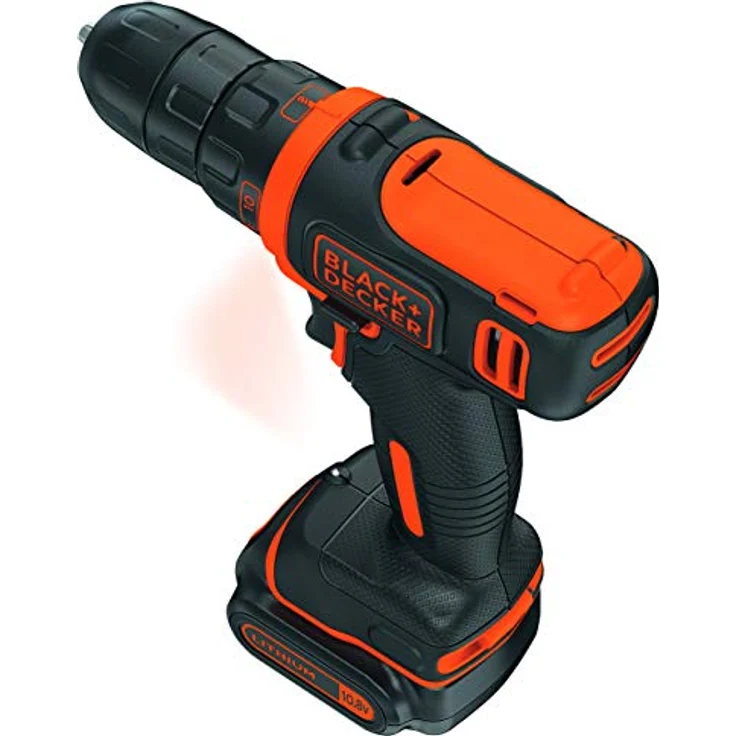Black+Decker Akku-Bohrschrauber (10.8V 1,5Ah, ultrakompakt & leicht, mit LED-Arbeitsleuchte, Softgriff, 200mA Ladekabel, 2x Akkus, 100tlg. Zubehör, in hochwertigem Koffer) BDCDD12BAFC – Bild 3