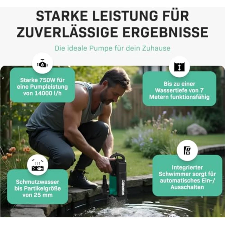 VONROC Tauchpumpe mit integriertem Schwimmer [750W] - Schmutzwasserpumpe für Keller, Pool, Gartenteich - Flachsaugend max Höhe [7,5m] - 1400 l/h für sauberes und schmutziges Wasser – Bild 3