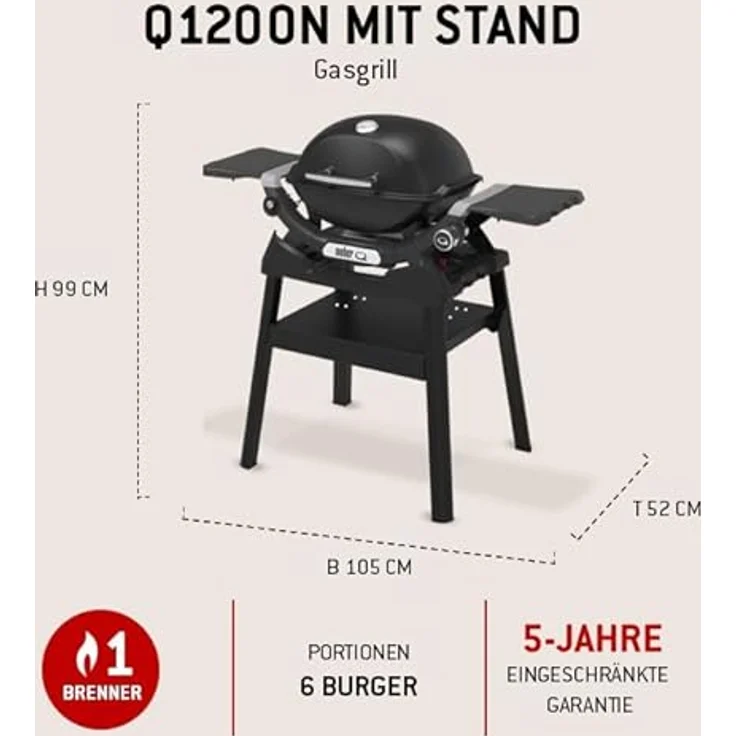 Weber Q1200N, Gasgrill mit Stand Schwarz, porzellanemaillierter Guss-Grillrost, frontale Fettauffangschale – Bild 5