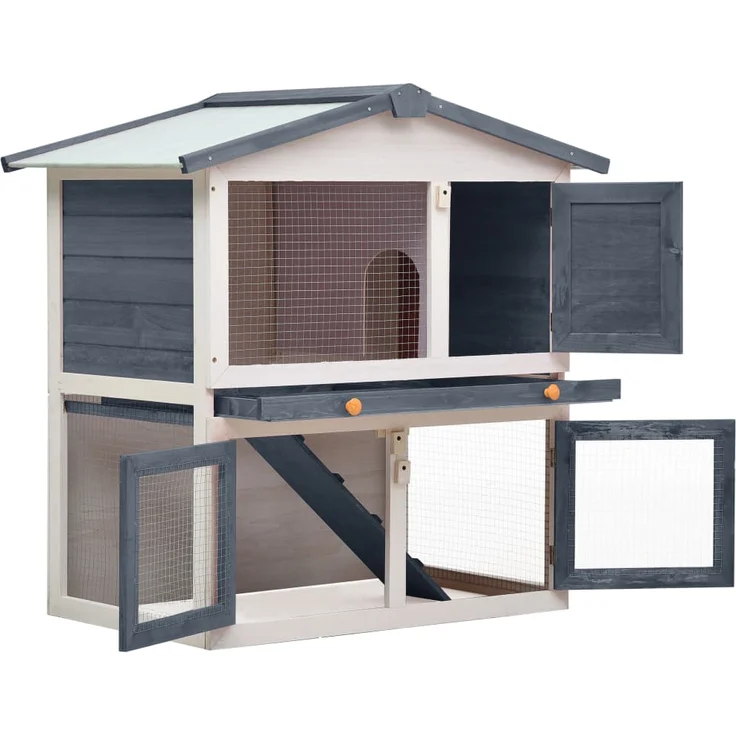 vidaXL Kaninchenstall 3 Türen Grau Holz – Bild 2