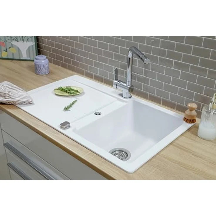 Respekta Austin Massivgranit Spüle 86 x 50, hitzebeständig, abgeschrägte Abtropffläche, Einbau- und Unterbaumontage, 1 Becken, für Unterschränke ab 45 cm Breite, Weiß – Bild 3