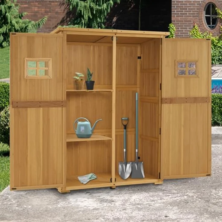 M MCombo Gartenschrank Holz, Gartenhaus Klein Wetterfest, Outdoor Gerätehaus Geräteschuppen, für Außenbereich Balkon Terrasse, 59×127×168 cm, 0912D (Natur) – Bild 2
