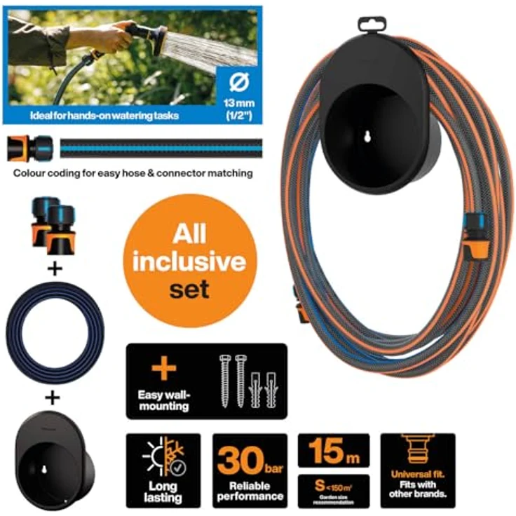 Fiskars Wasserschlauch-Set, 15 m mit 2 Schlauchanschlüssen und Wandhalterung, Verwindungssteifigkeit Stufe 4, Ø 1,3 cm, Schwarz/Orange/Blau, 1027678 – Bild 2