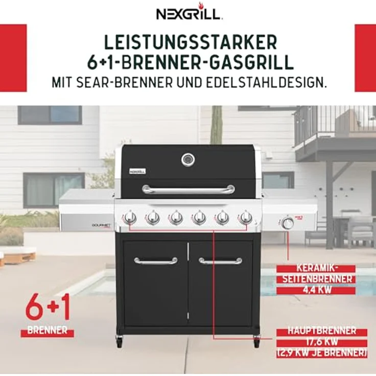 Nexgrill Gourmet Pro 6-Brenner Gasgrill mit Keramik-Seitenbrenner, Plancha Griddle-Max System, porzellanbeschichtetem Gusseisenrost und Edelstahlbrennern, 18,6 kW Leistung – Bild 2