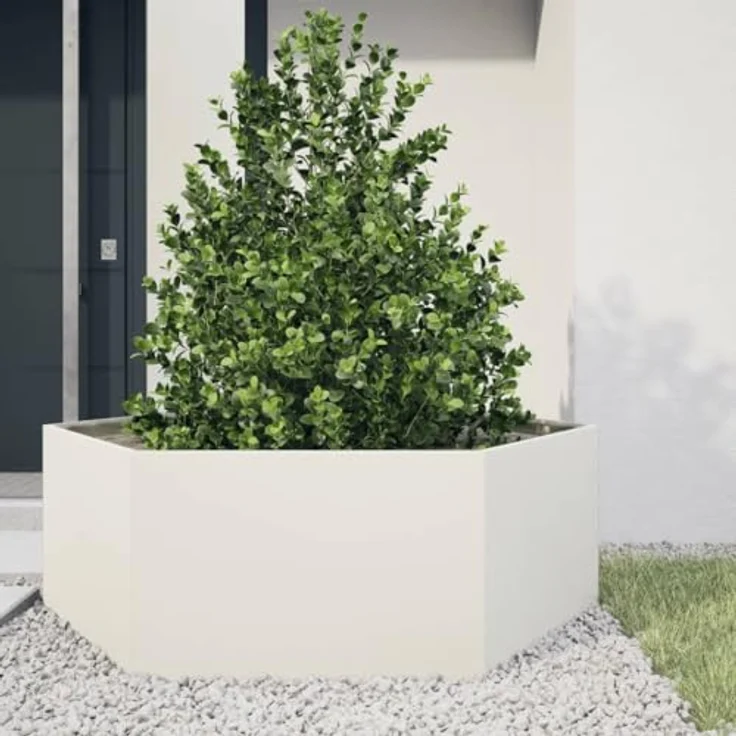 vidaXL Pflanzkübel Weiß Sechseckig 138x120x45 Stahl - Witterungsbeständiger Gartenkübel mit viel Platz und erhöhtem Design – Bild 2