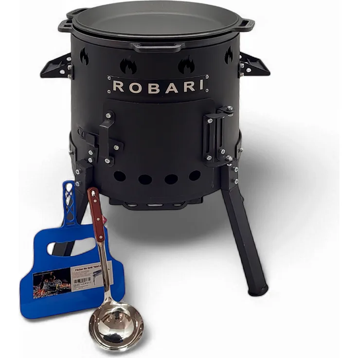 Robari Utschak Set mit Kasan 12 L, Feuerofen mit Pfannendeckel, Schwarz, inkl. Schöpfkelle und Grillfächer