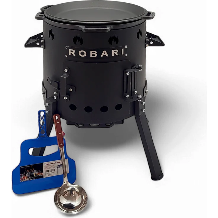 Robari Utschak Set mit Kasan 12 L, Feuerofen mit Pfannendeckel, Schwarz, inkl. Schöpfkelle und Grillfächer