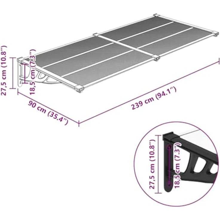 vidaXL Markise, Türvordach in Schwarz und Transparent, aus Polycarbonat-Hohlkammerplatten – Bild 3