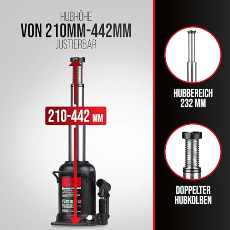 HEYNER® Stempelwagenheber Hydraulisch 10t, Doppelhub-Unterstellheber mit Hubhöhe 210-442mm, inkl. Tasche für SUV/LKW – Bild 7
