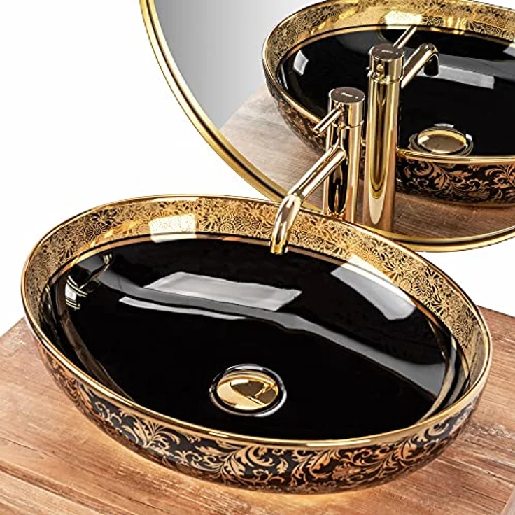 Rea Waschbecken Waschtisch Aufsatzwaschbecken Keramik Handwaschbecken Aufsatz Waschschale Gold Schwarz Rund 40x52 – Bild 4