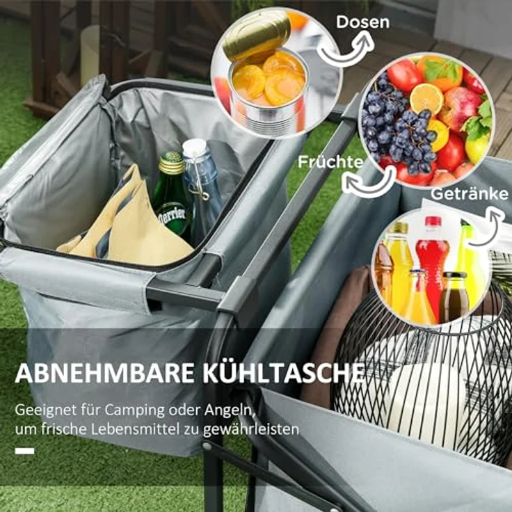 Outsunny Faltbarer Bollerwagen mit Kühltasche, Transportwagen bis 100 kg belastbar, Dunkelgrau, mit teleskopierbarem Griff und klappbarem Stahlrahmen – Bild 5