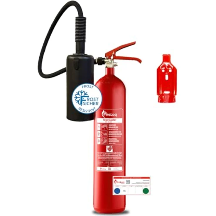 FireLoq 5kg CO2 Feuerlöscher, Dauerdruck mit Messingarmatur, geprüft nach EN3, inkl. Prüfnachweis und Wandhalter – Bild 1