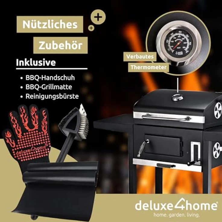 deluxe4home® Grillwagen XXL Holzkohlegrill mit Deckel I Grill Rollbar mit seitlicher Ablage I inkl. Grillhandschuh I Rollgrill Standgrill – Bild 4